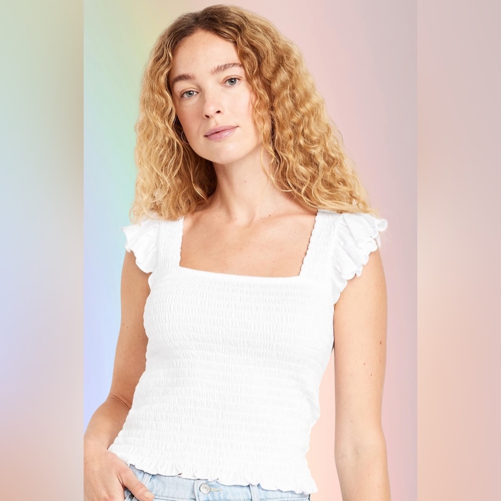 NWTS💓GAP OLD NAVY XL💓CRISP WHITE COTTON SEERSUCKER SMOCKED FLUTTER SLEEVED TOP - Picture 4 of 12